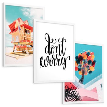 Zestaw obrazy w ramie, plakaty - plaża, budynek, balony - rama biała