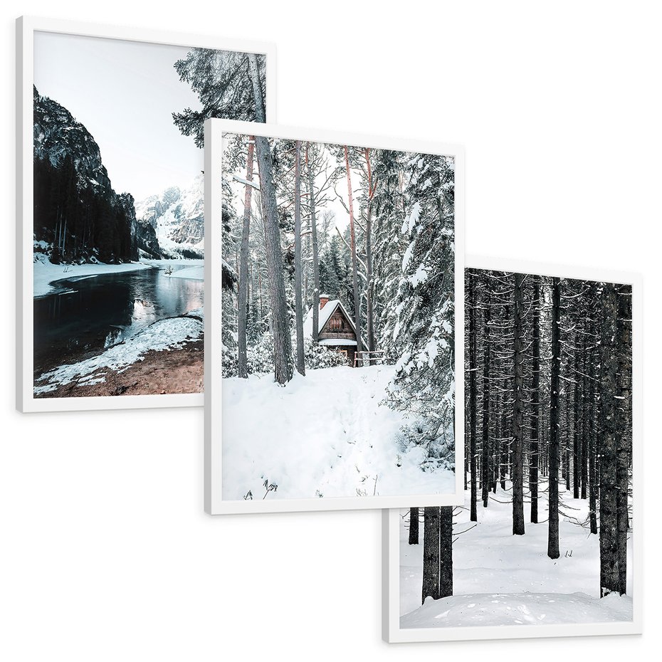 Zestaw obrazy w ramie, plakaty - zima, śnieg, las - rama biała