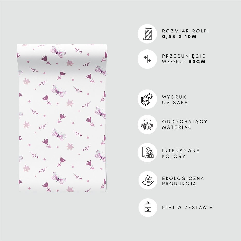 Tapeta - kwiaty, motyle, kropki