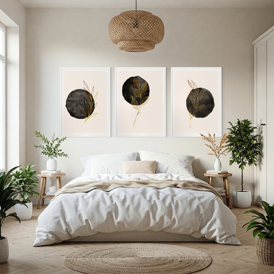 Zestaw obrazy w ramie, plakaty - liście, kropka, abstrakcja - rama biała