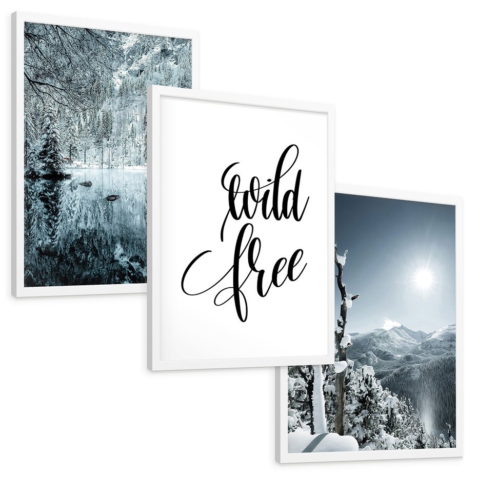 Zestaw obrazy w ramie, plakaty - zima, śnieg, góry - rama biała
