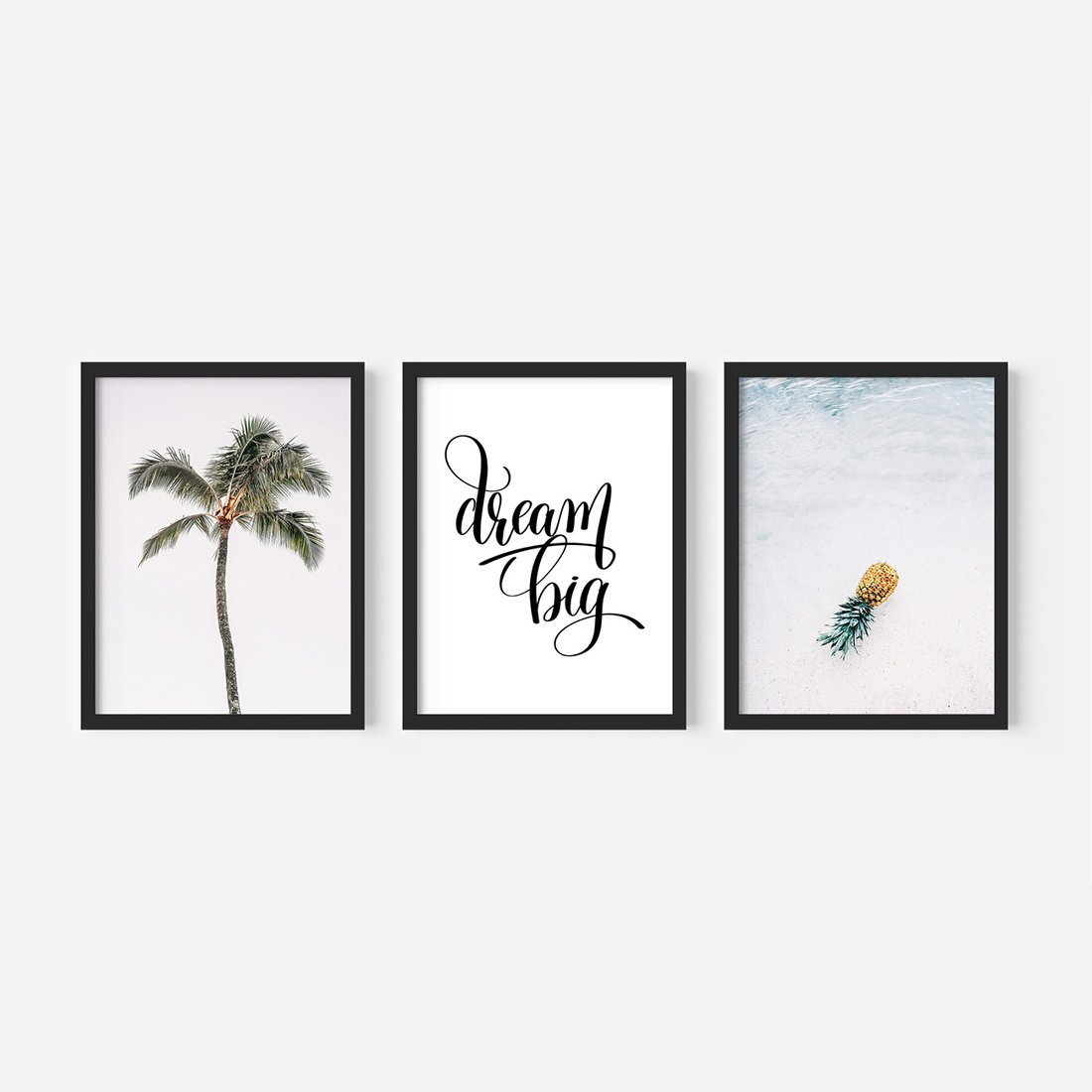 Zestaw obrazy w ramie, plakaty - palma, ananas, tropikalny - rama czarna