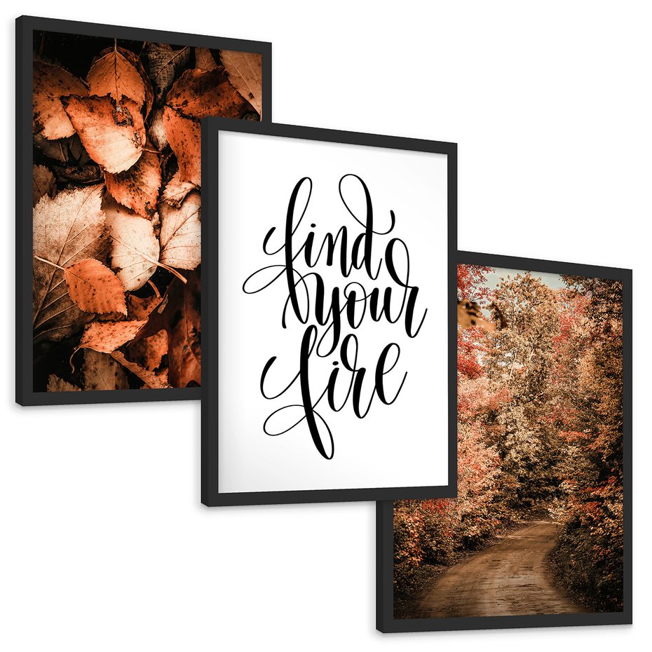 Zestaw obrazy w ramie, plakaty - jesień, liście, las - rama czarna