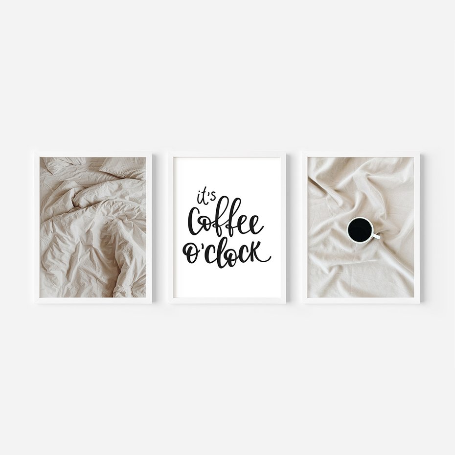 Zestaw obrazy w ramie, plakaty - pościel, kawa, relaks - rama biała