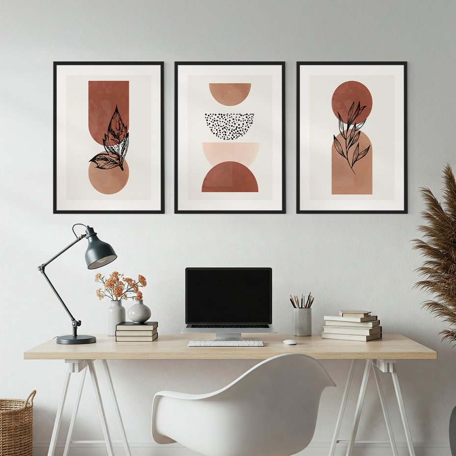 Zestaw obrazy w ramie, plakaty - abstrakcja, liście, kształty - rama czarna