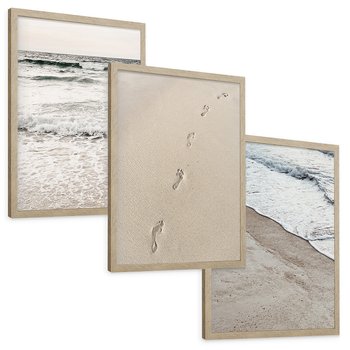 Zestaw obrazy w ramie, plakaty - plaża, piasek, morze - rama drewno