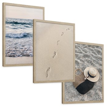 Zestaw obrazy w ramie, plakaty - plaża, morze, piasek - rama drewno