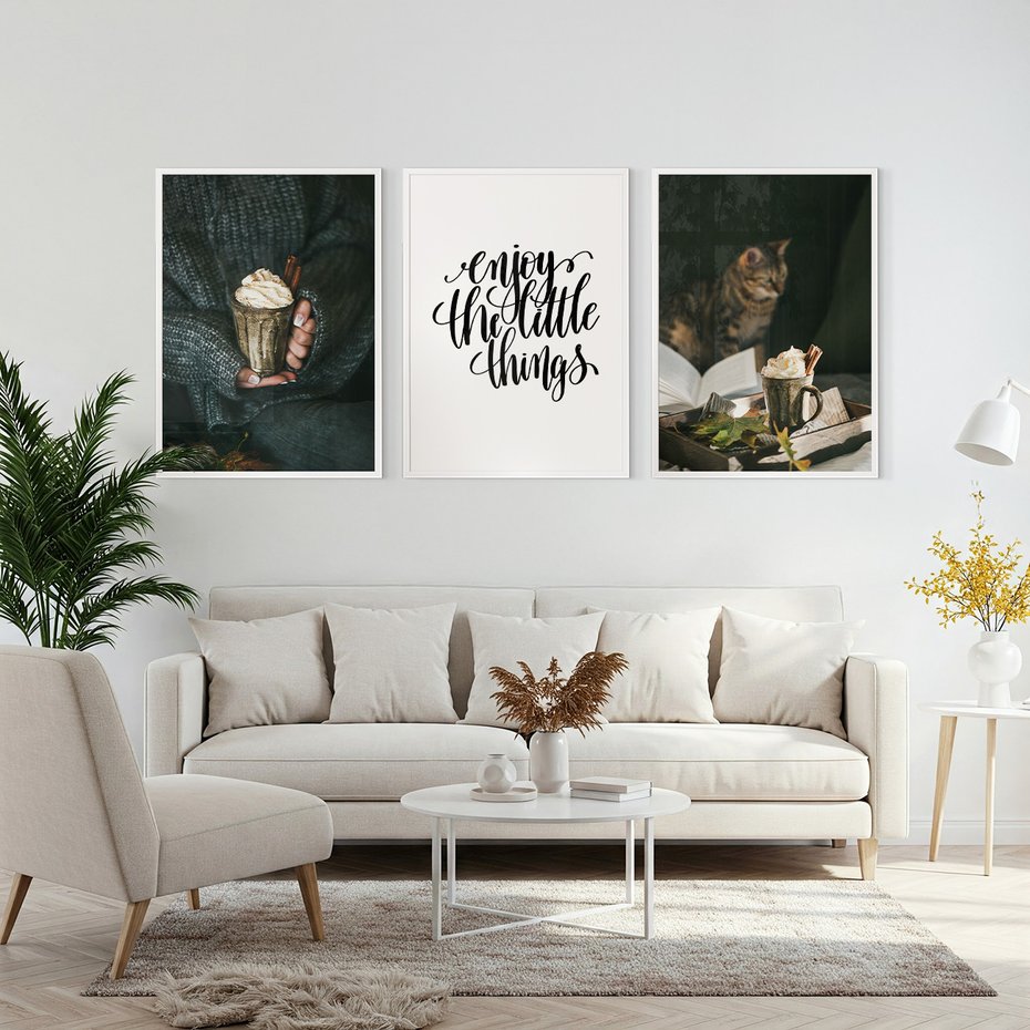 Zestaw obrazy w ramie, plakaty - jesień, napój, kot - rama biała