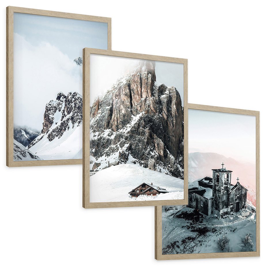 Zestaw obrazy w ramie, plakaty - góry, śnieg, zima - rama drewno