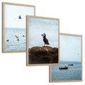 Zestaw obrazy w ramie, plakaty - ptaki, morze, łodzie - rama drewno