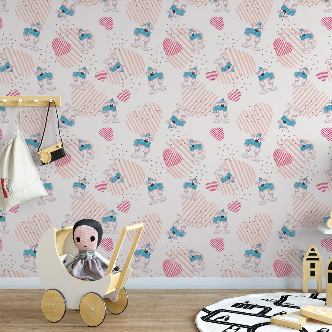 Tapeta - dziecięca, niedźwiedź, szalik, serce