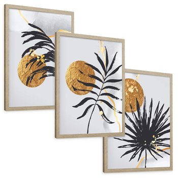 Zestaw obrazy w ramie, plakaty - liście, abstrakcja, złoto - rama drewno