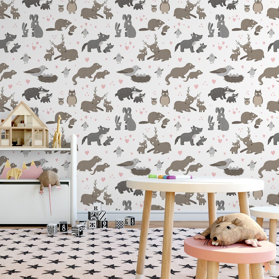 Tapeta - dziecięca, zwierzęta, wzór, serca