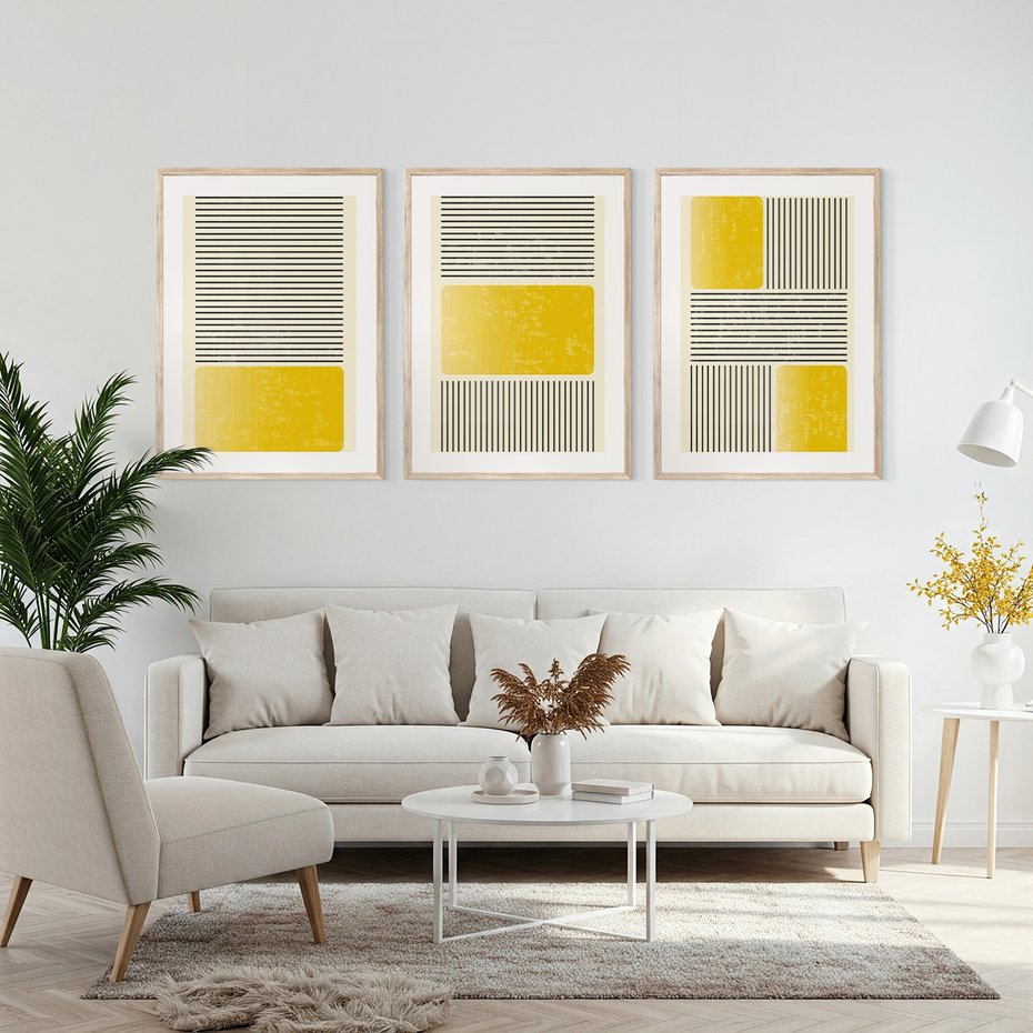 Zestaw obrazy w ramie, plakaty - linie, geometryczny, abstrakcja - rama drewno