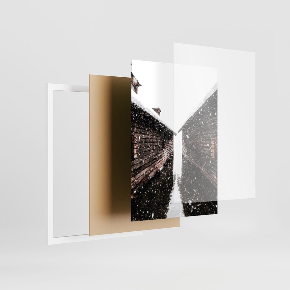 Zestaw obrazy w ramie, plakaty - zima, śnieg, budynki - rama biała