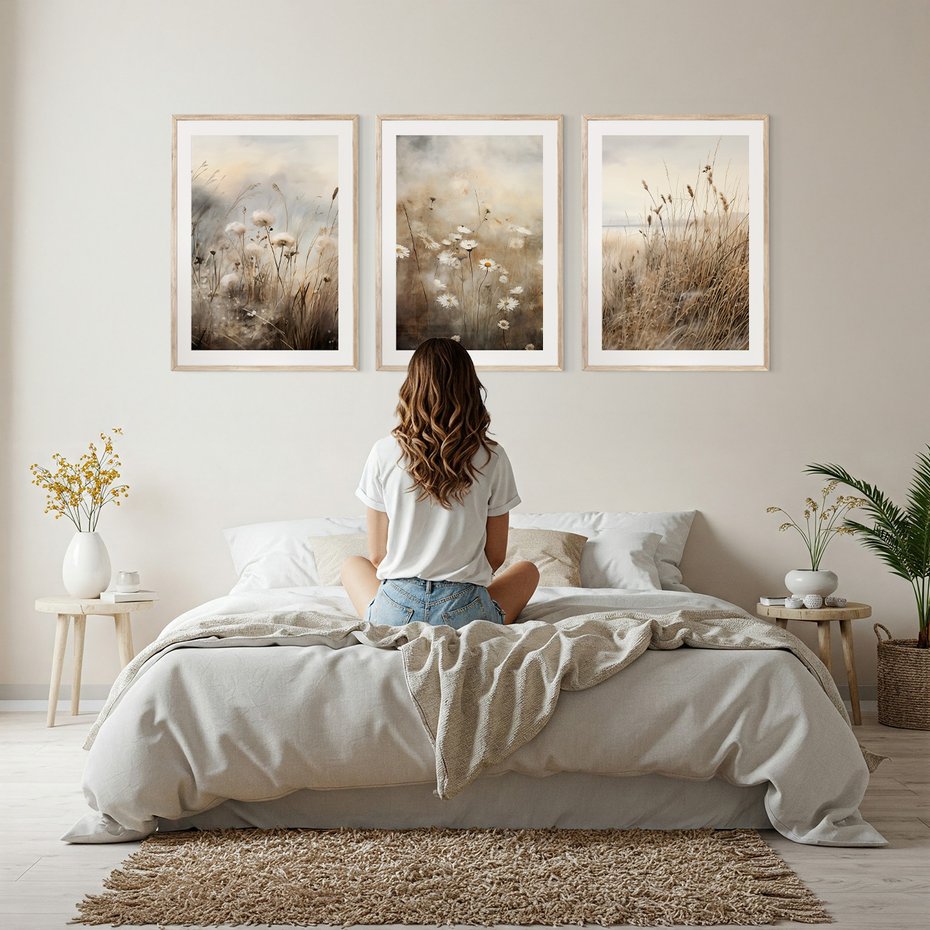 Zestaw obrazy w ramie, plakaty - kwiaty, trawa, delikatne - rama drewno