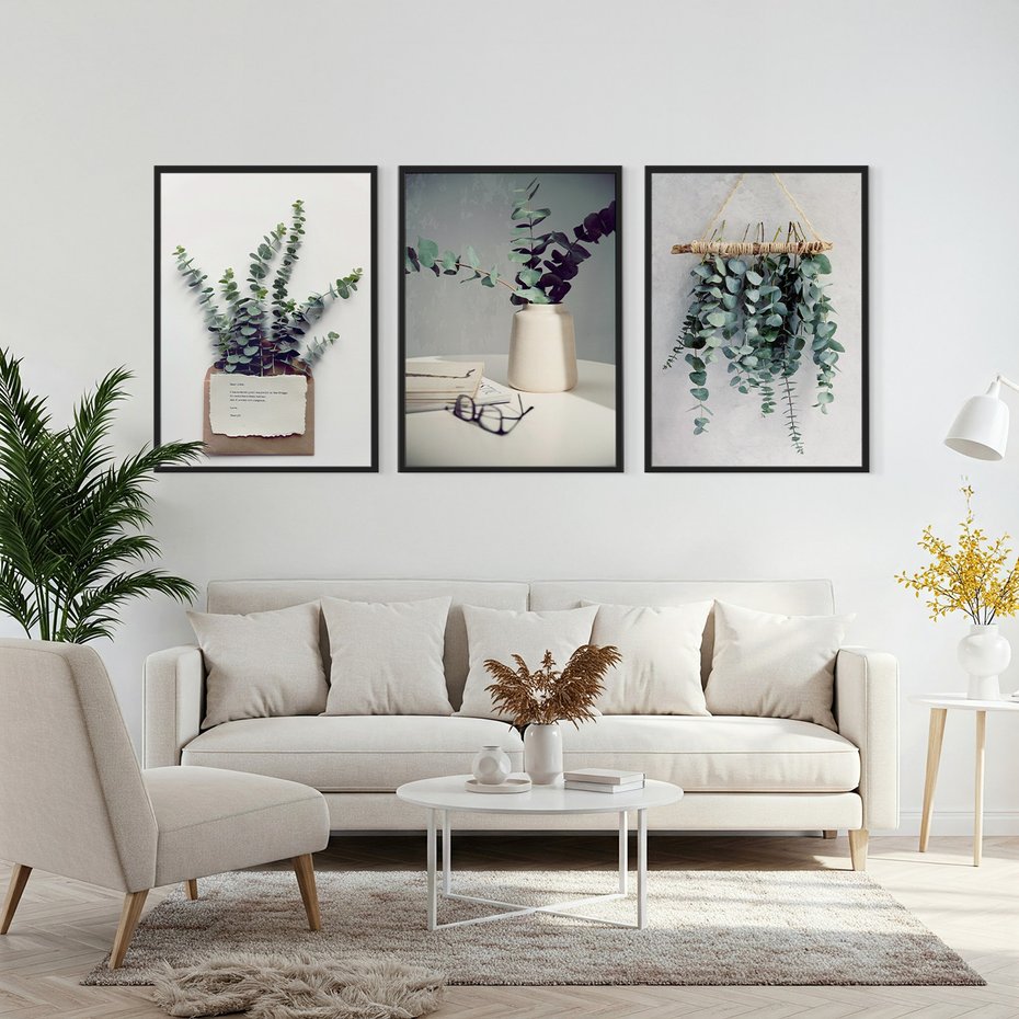 Zestaw obrazy w ramie, plakaty - eukaliptus, liście, gałązki - rama czarna