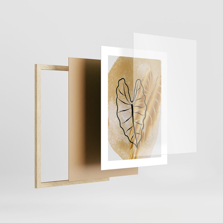 Zestaw obrazy w ramie, plakaty - liście, abstrakcja, rośliny - rama drewno
