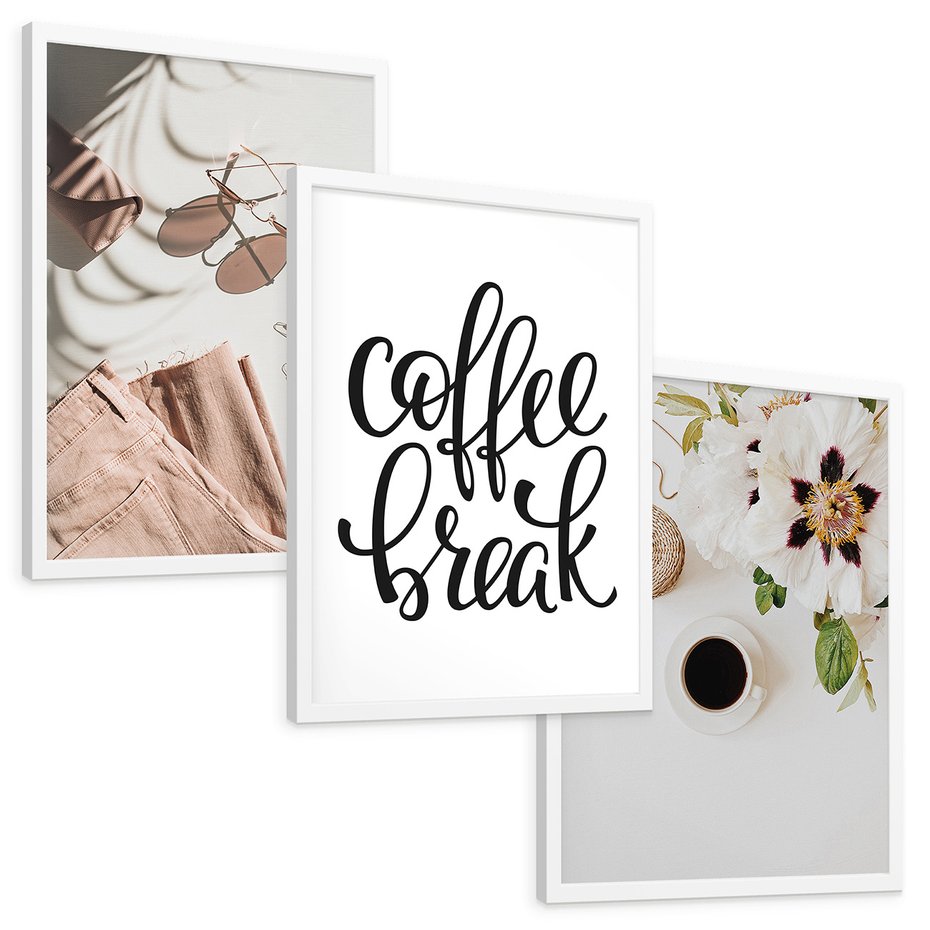 Zestaw obrazy w ramie, plakaty - kwiaty, kawa, akcesoria - rama biała