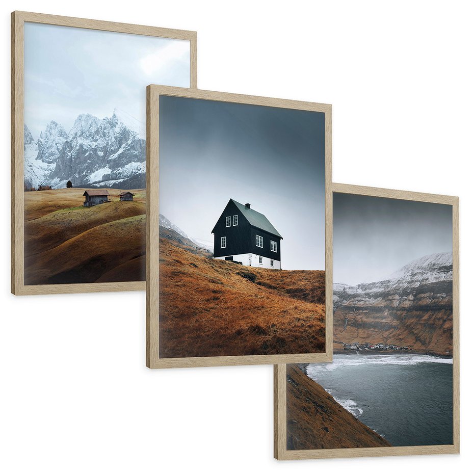 Zestaw obrazy w ramie, plakaty - góry, domy, krajobraz - rama drewno