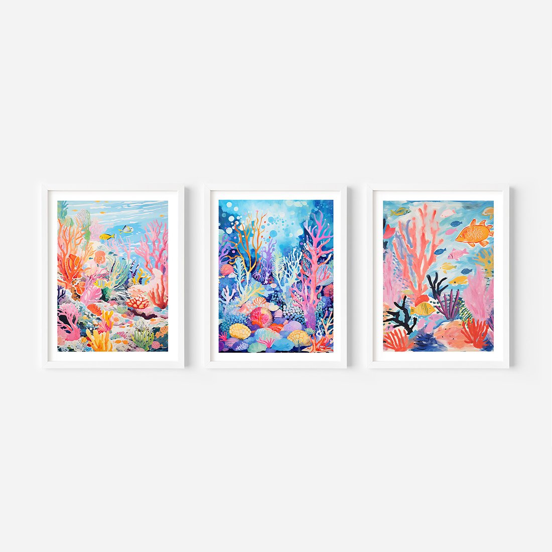 Zestaw obrazy w ramie, plakaty - podwodny, rafa, ryby - rama biała