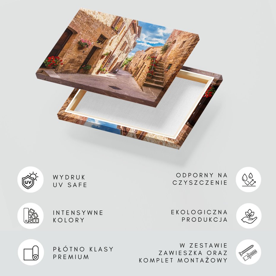 Obraz na płótnie - uliczka, kwiaty, budynki