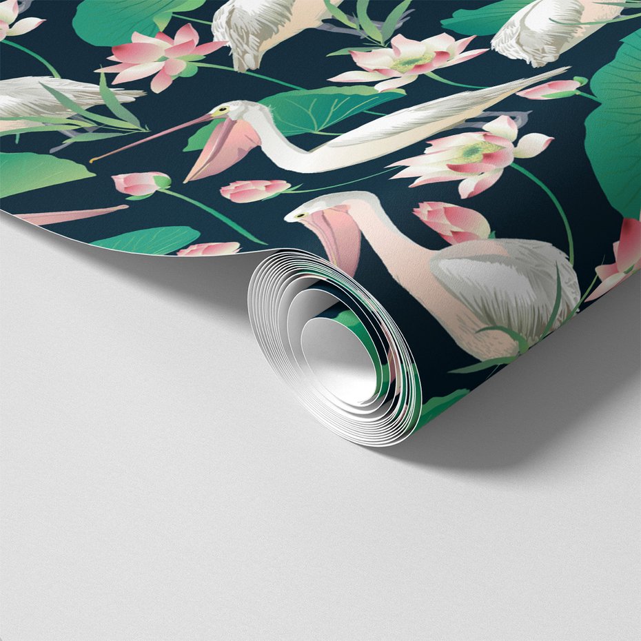 Tapeta - pelikan, kwiat, liście