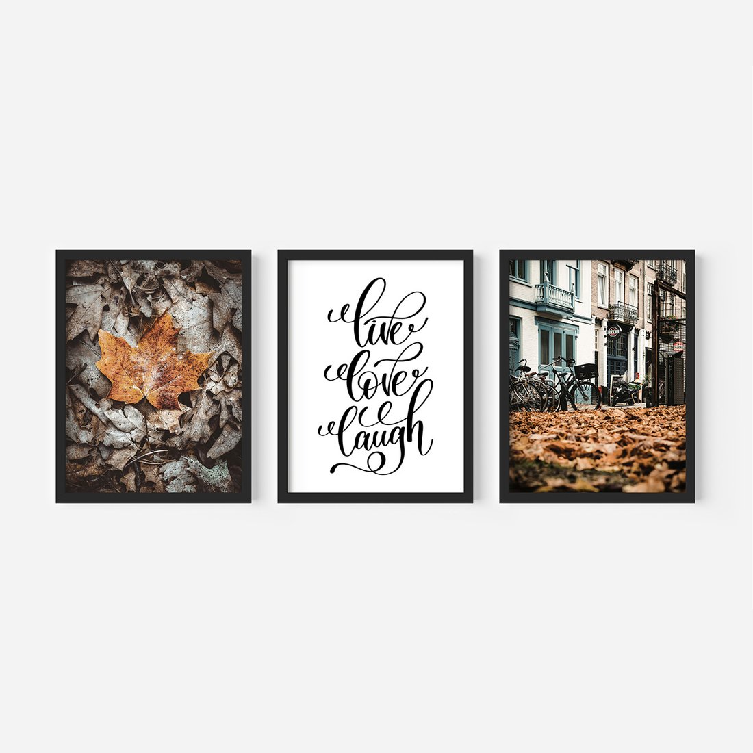 Zestaw obrazy w ramie, plakaty - liście, jesień, napisy - rama czarna