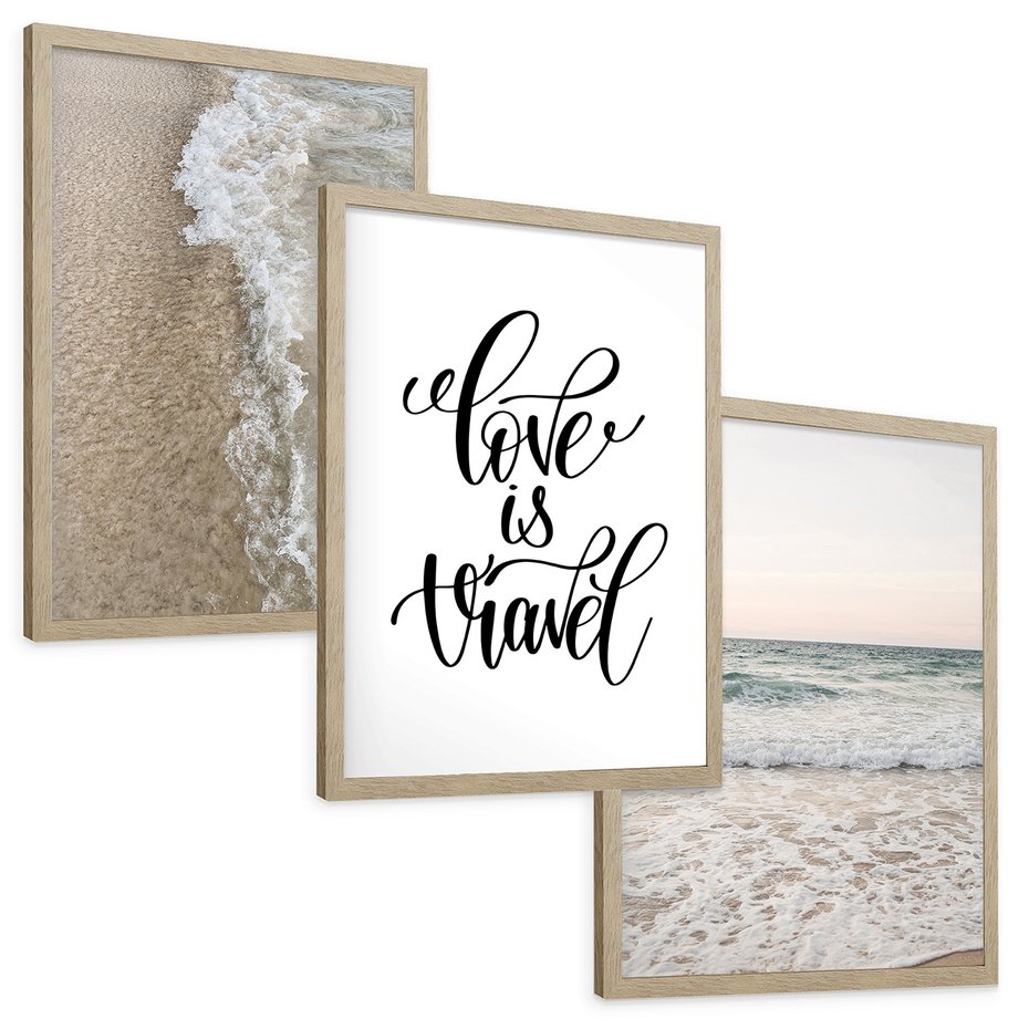 Zestaw obrazy w ramie, plakaty - plaża, woda, morze - rama drewno