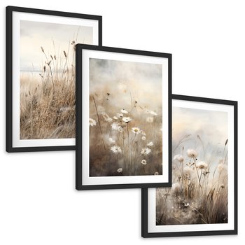 Zestaw obrazy w ramie, plakaty - kwiaty, trawa, delikatne - rama czarna