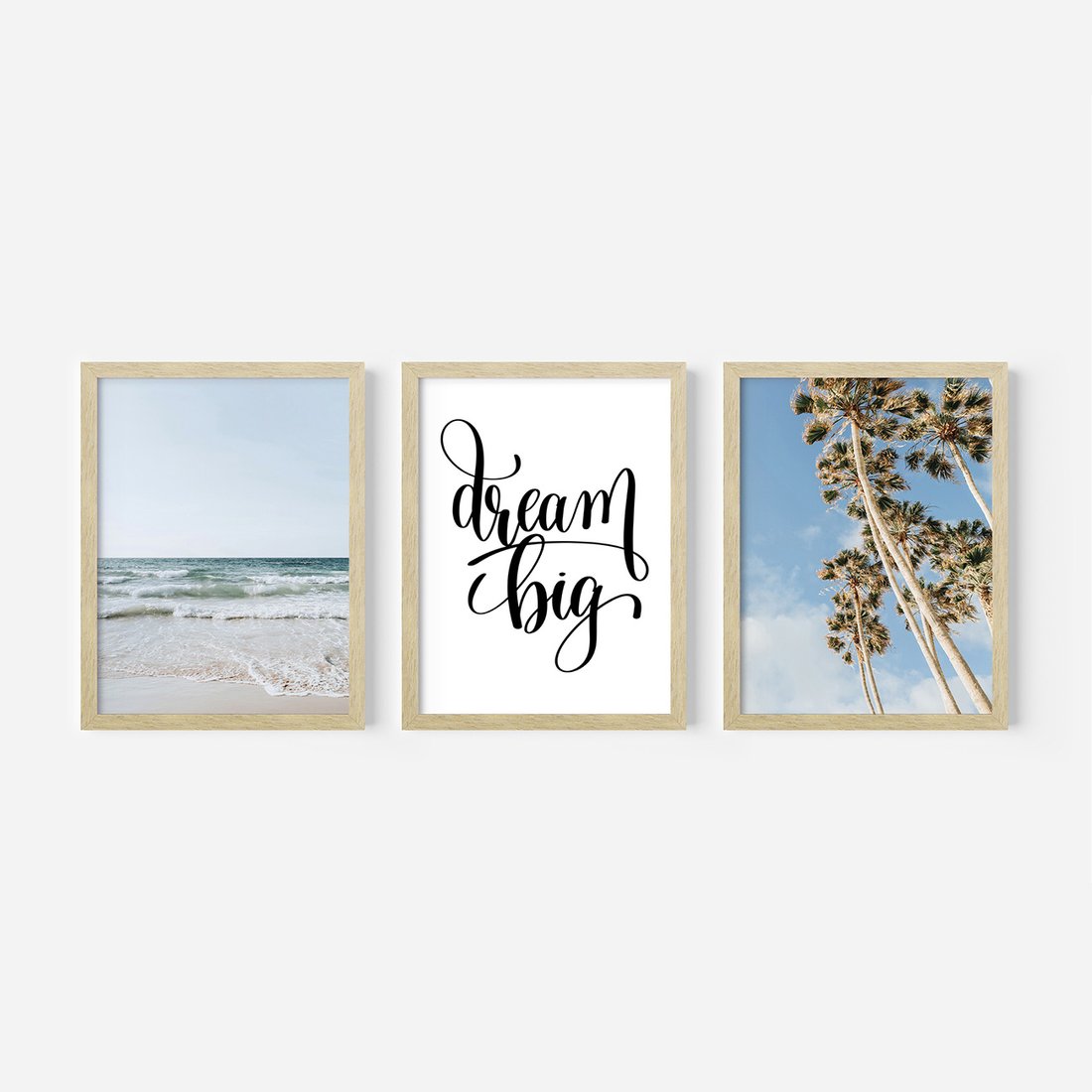 Zestaw obrazy w ramie, plakaty - plaża,palmy,morze - rama drewno