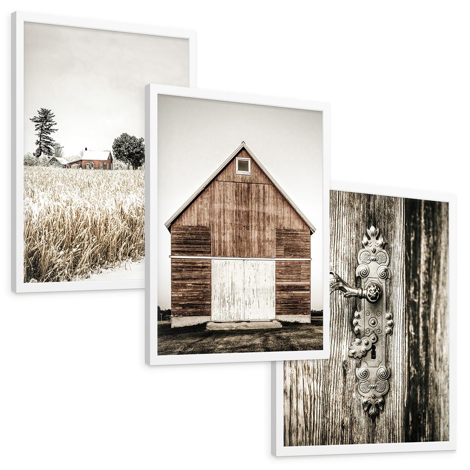 Zestaw obrazy w ramie, plakaty - wieś, dom, drewno - rama biała