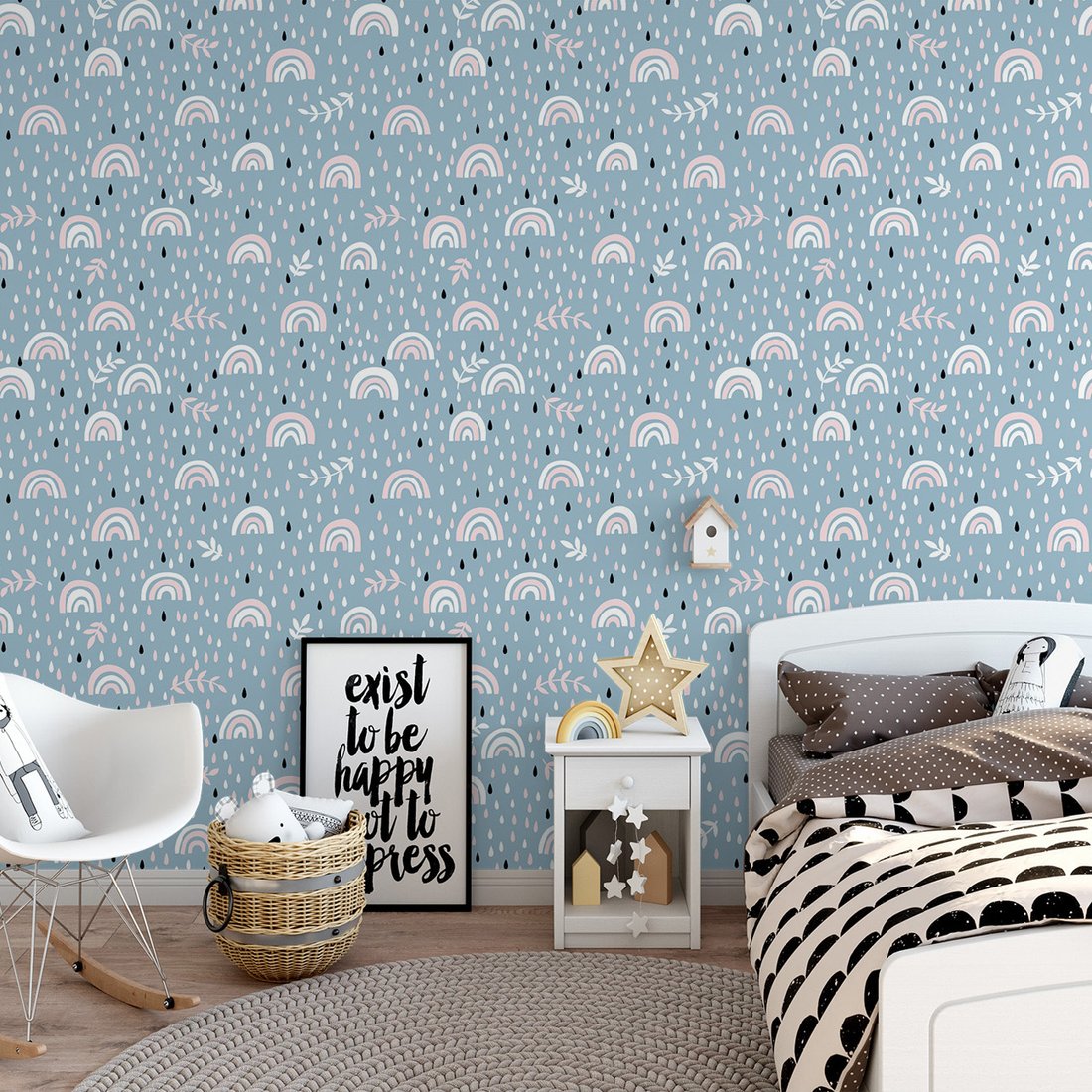 Tapeta - dziecięca, tęcza, deszcz, liście