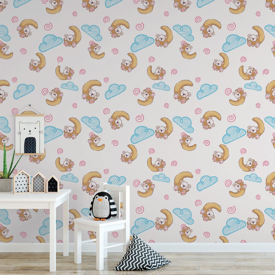 Tapeta - dziecięca, miś, księżyc, chmura