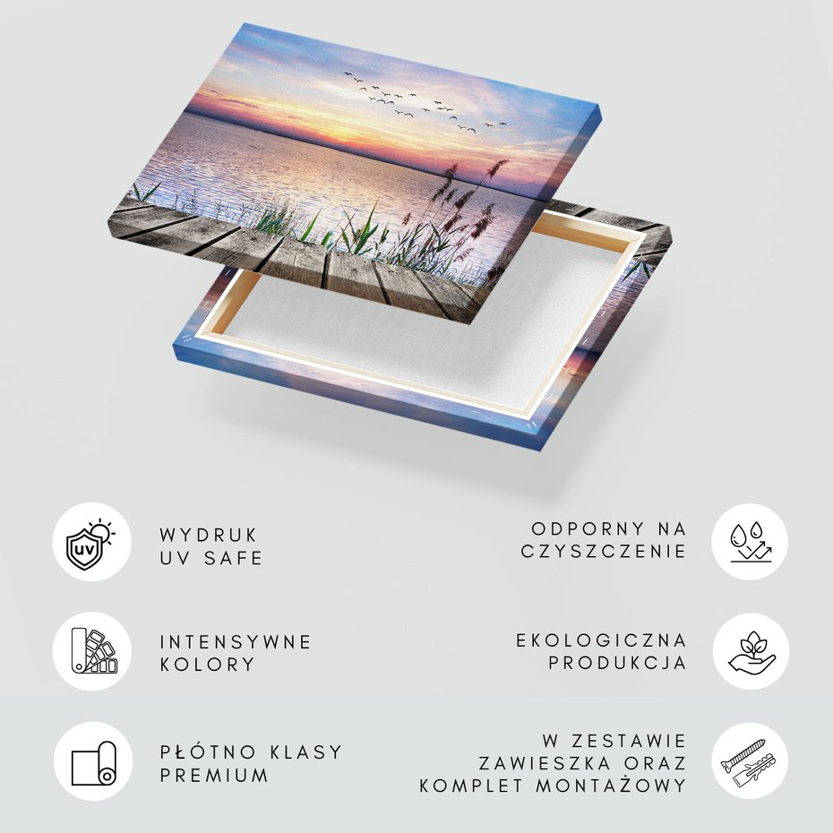 Obraz na płótnie - zachód słońca, jezioro, ptaki