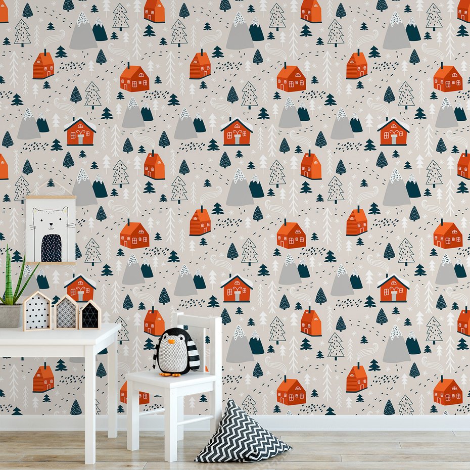 Tapeta - dziecięca, dom, góry, drzewa