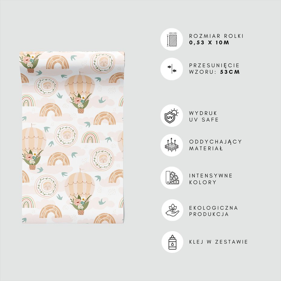 Tapeta - dziecięca, balony, tęcze, ptaki