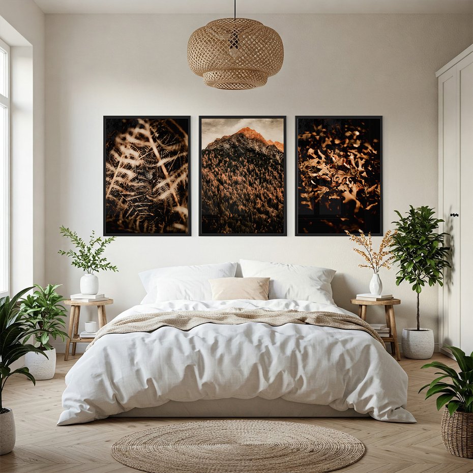 Zestaw obrazy w ramie, plakaty - natura, liście, góry - rama czarna