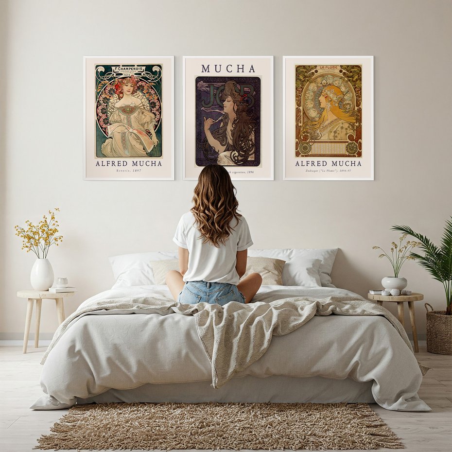 Zestaw obrazy w ramie, plakaty - Mucha, secesja, artystyczne - rama biała