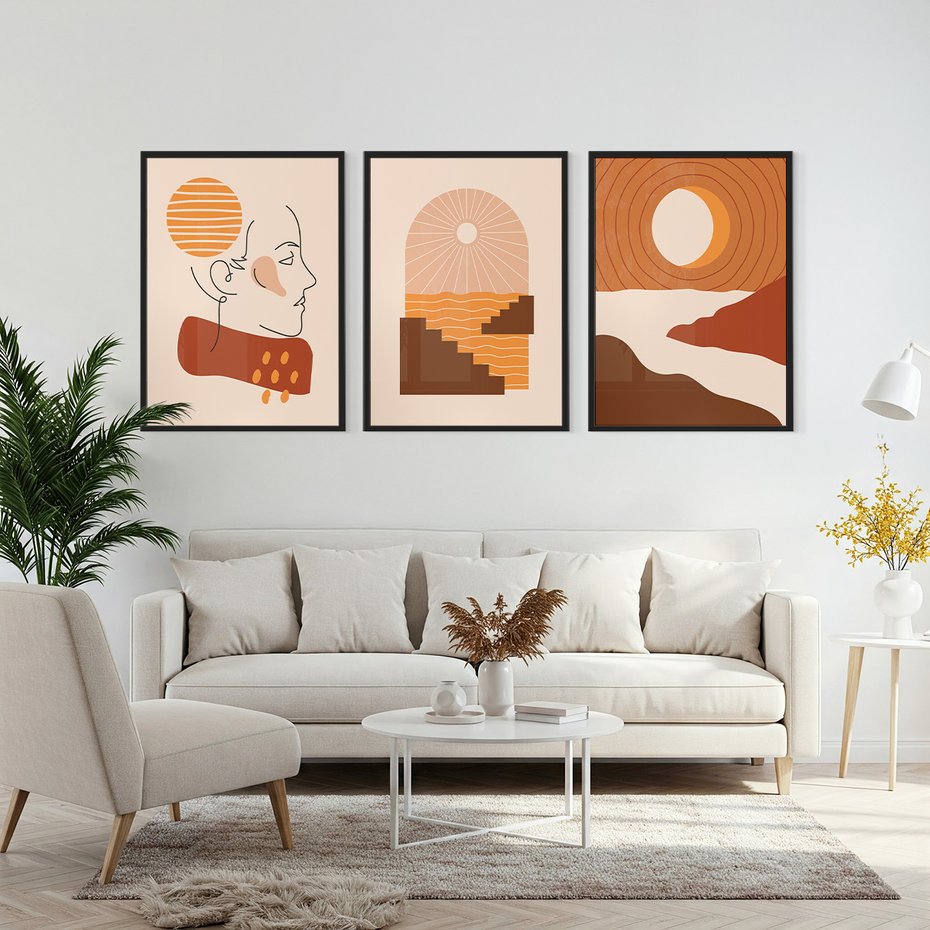 Zestaw obrazy w ramie, plakaty - abstrakcja, boho, minimalizm - rama czarna