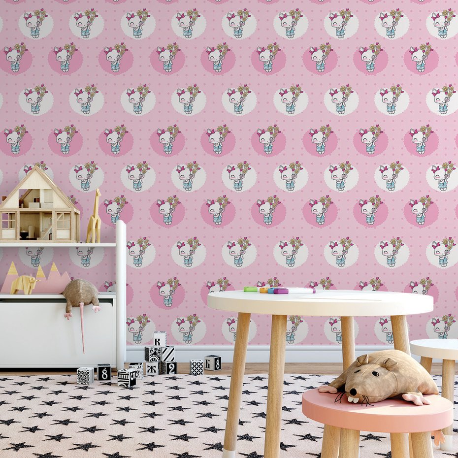 Tapeta - dziecięca, kotek, kwiaty,