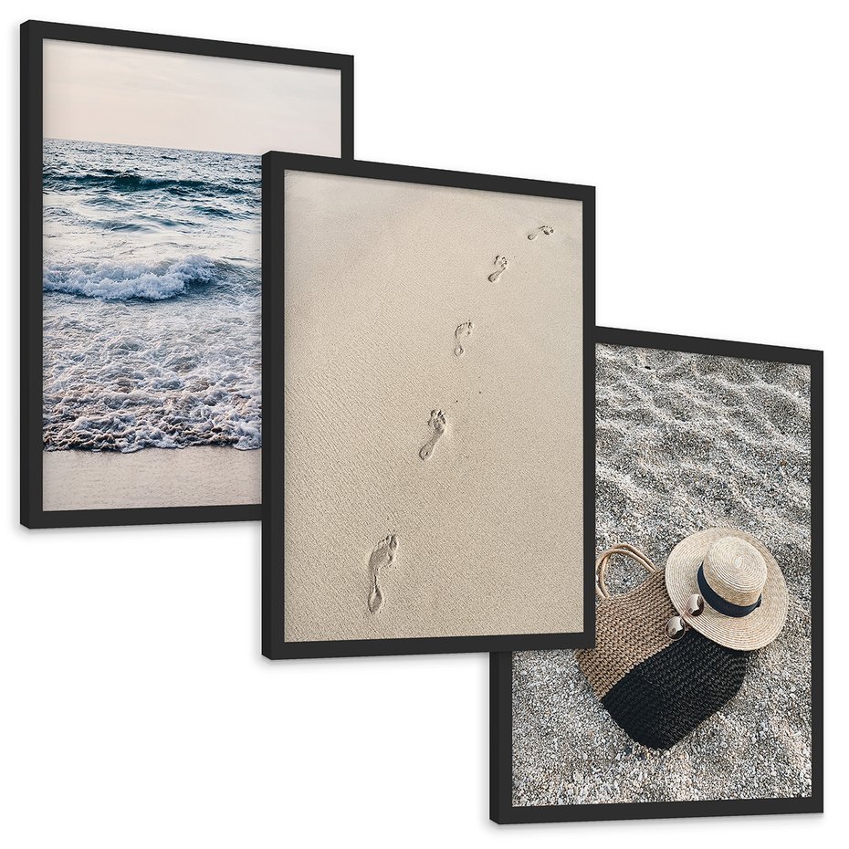 Zestaw obrazy w ramie, plakaty - plaża, morze, piasek - rama czarna