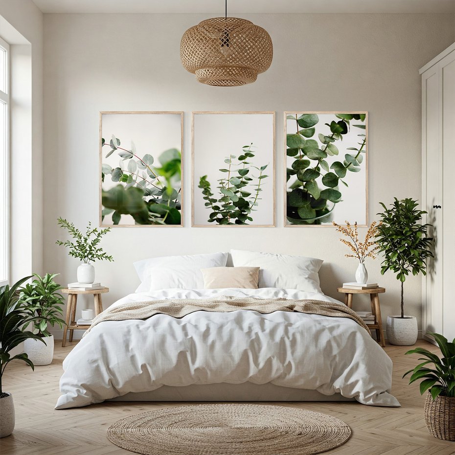 Zestaw obrazy w ramie, plakaty - eukaliptus, liście, roślina - rama drewno