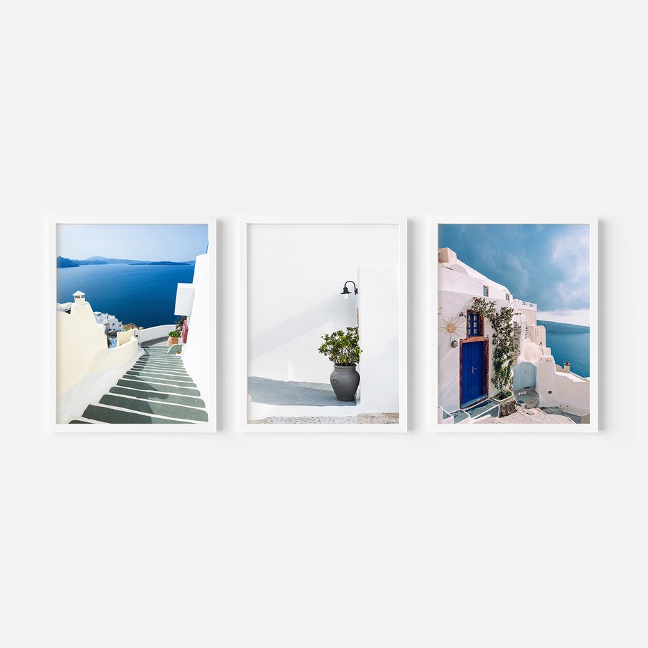 Zestaw obrazy w ramie, plakaty - Santorini, architektura, morze - rama biała