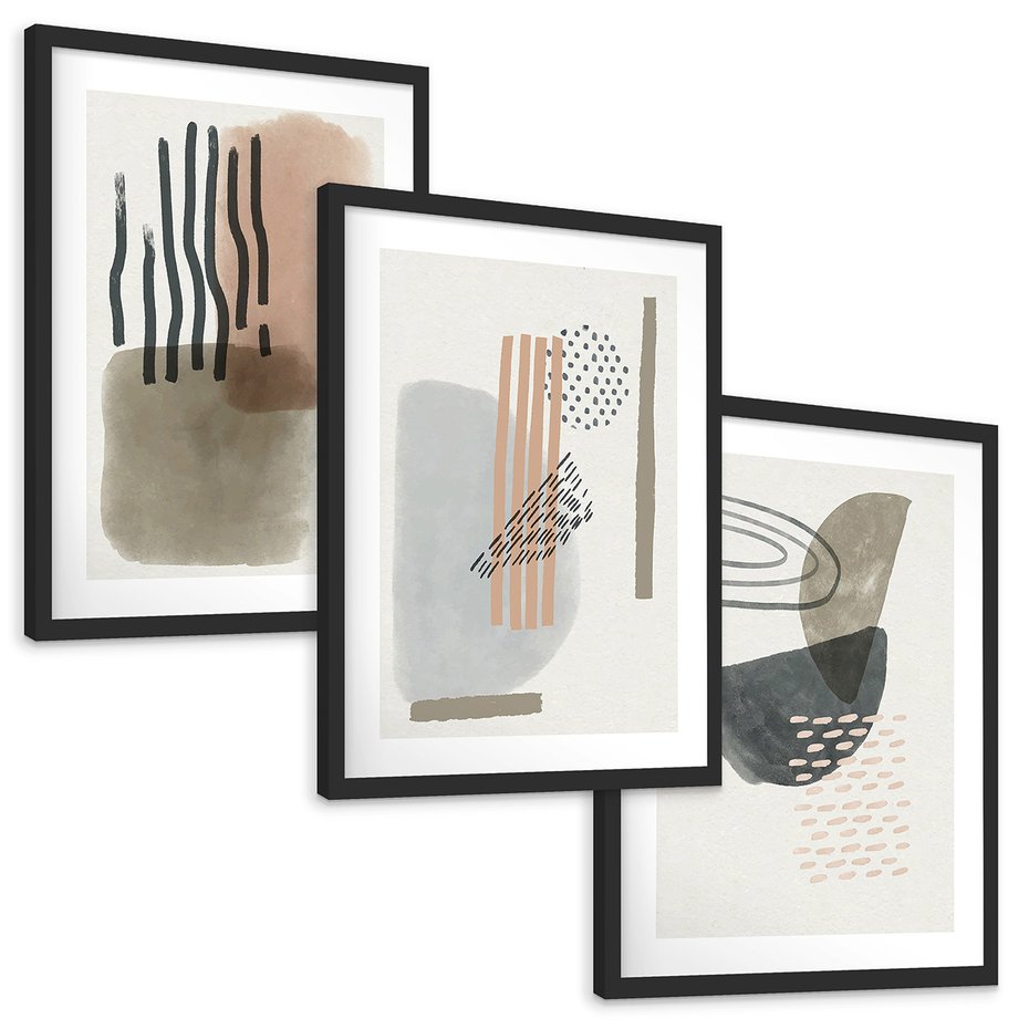 Zestaw obrazy w ramie, plakaty - abstrakcja, geometria, kształty - rama czarna