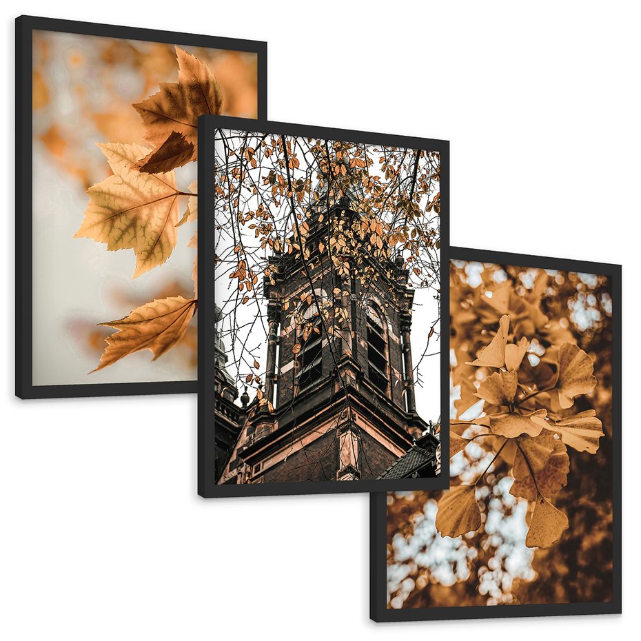 Zestaw obrazy w ramie, plakaty - liście, jesień, budynek - rama czarna