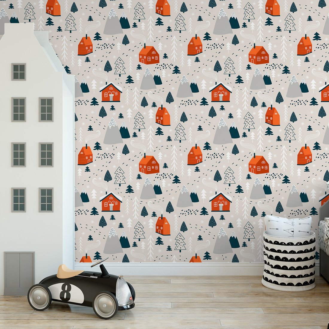 Tapeta - dziecięca, domy, góry, drzewa
