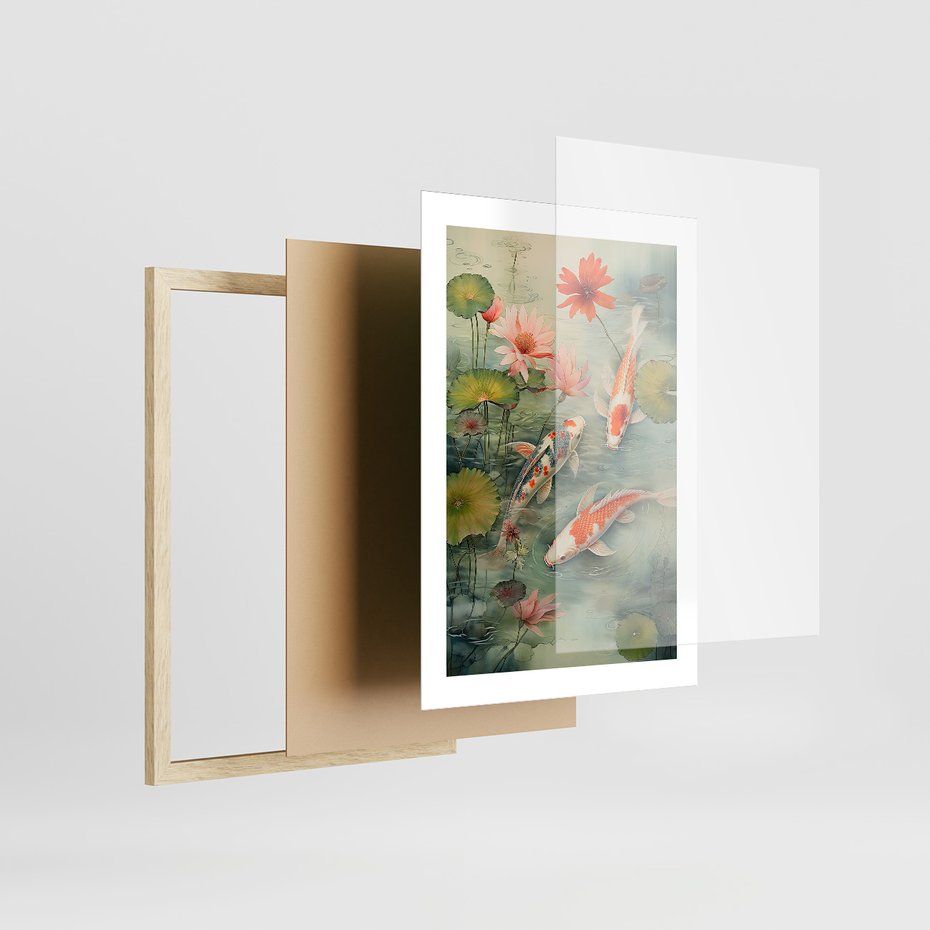 Zestaw obrazy w ramie, plakaty - kwiaty lotosu, ryby koi, azjatycka kobieta - rama drewno