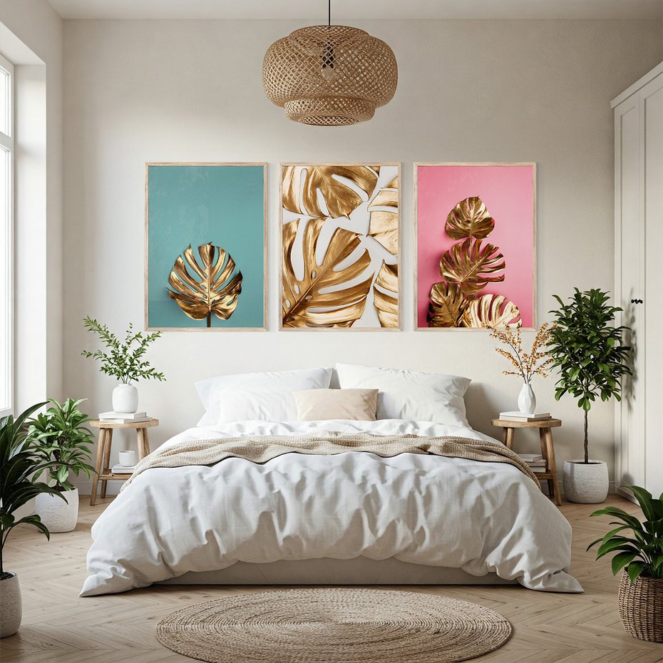 Zestaw obrazy w ramie, plakaty - liście, złoty, monstera - rama drewno