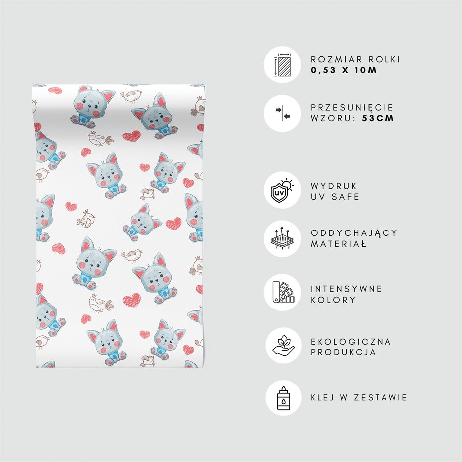 Tapeta - dziecięca, kotek, serca, ptaki